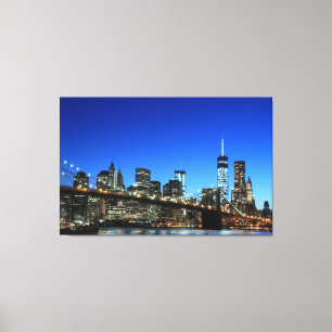 Brooklyn Bridge en Manhattan Skyline 's nachts, Ne Canvas Afdruk