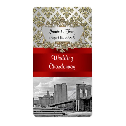 Brooklyn Bridge Gold White Damask Wijnlabel Etiket (Voorkant)