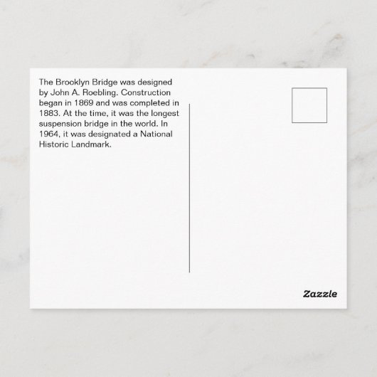 Brooklyn Bridge Informatie, NYC Briefkaart (Achterkant)