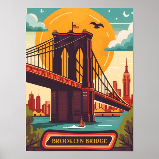 Brooklyn Bridge Manhattan NYC Retro Travel Poster (Voorkant)