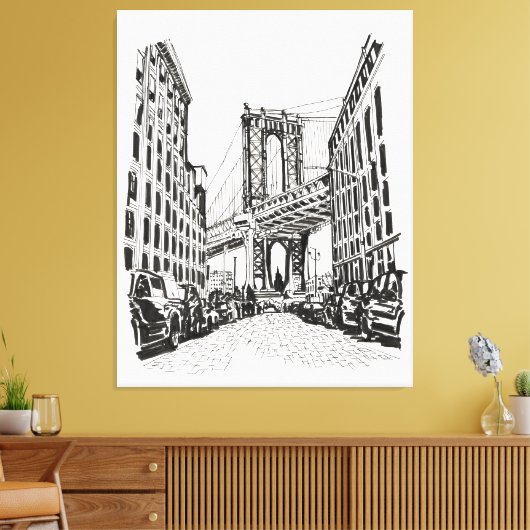 Brooklyn Bridge New York Black White Illustratie Canvas Afdruk (Insitu (Woonkamer))