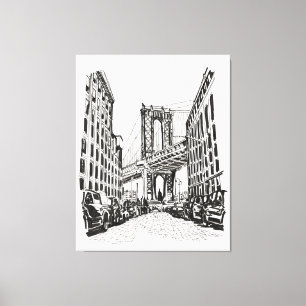 Brooklyn Bridge New York Black White Illustratie Canvas Afdruk