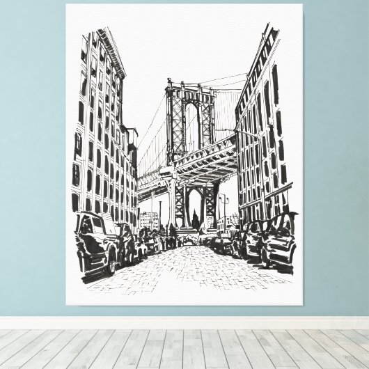 Brooklyn Bridge New York Black White Illustratie Canvas Afdruk (Insitu (Houten vloer))