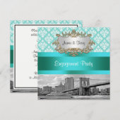 Brooklyn Bridge NYC Robin Egg Wt Damask Verloving Kaart (Voorkant / Achterkant)