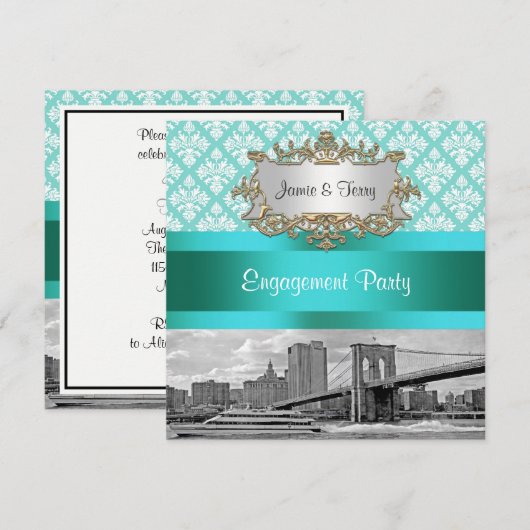 Brooklyn Bridge NYC Robin Egg Wt Damask Verloving Kaart (Voorkant / Achterkant)