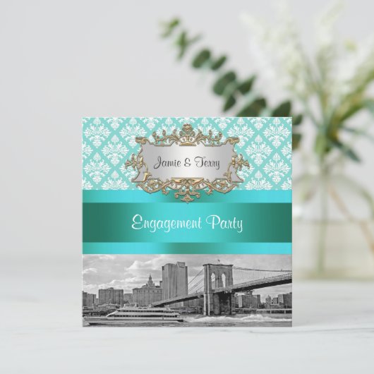 Brooklyn Bridge NYC Robin Egg Wt Damask Verloving Kaart (Staand voorkant)