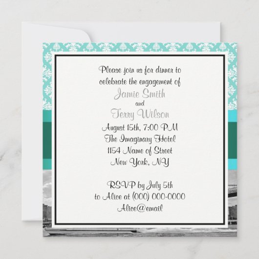 Brooklyn Bridge NYC Robin Egg Wt Damask Verloving Kaart (Achterkant)