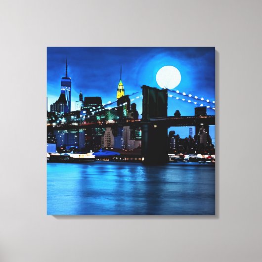 Brooklyn Bridge onder een volle maan Canvas Afdruk (Voorkant)