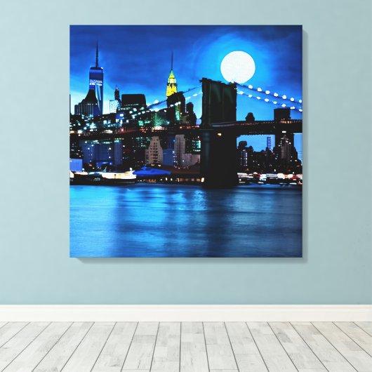 Brooklyn Bridge onder een volle maan Canvas Afdruk (Insitu (Houten vloer))