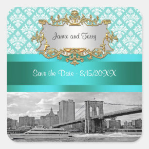 Brooklyn Bridge Turquoise Wat Damast Save Datum Vierkante Sticker