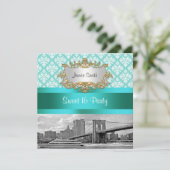 Brooklyn Bridge Turquoise White Damask Sweet 16 Kaart (Staand voorkant)