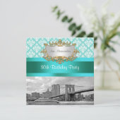 Brooklyn Bridge Turquoise Wht Damast Verjaardag Kaart (Staand voorkant)