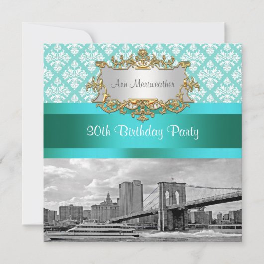 Brooklyn Bridge Turquoise Wht Damast Verjaardag Kaart (Voorkant)