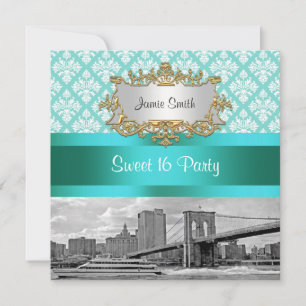 Brooklyn Bridge Turquoise Witte Damast Sweet 16 Kaart