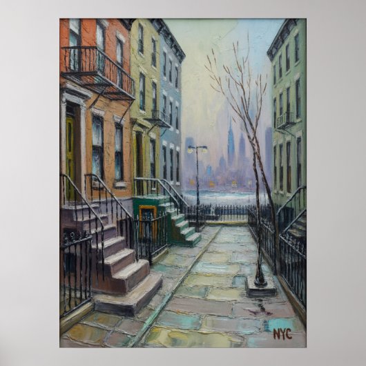 Brooklyn Brownstone Rij met Manhattan Silhouet Poster (Voorkant)