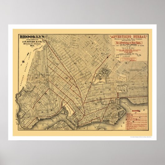 Brooklyn City Railroad Map 1874 Poster (Voorkant)