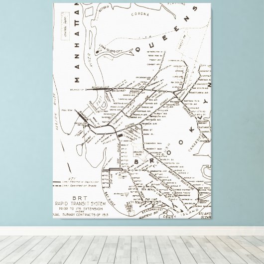 Brooklyn NY Transit System Map (1912) Canvas Afdruk (Insitu (Houten vloer))