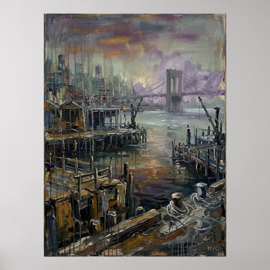 Brooklyn Waterfront Zonsondergang Met Brugzicht Poster (Voorkant)