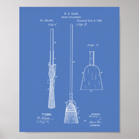 Broom Bijlage 1886 Patent Art Blueprint Poster (Voorkant)