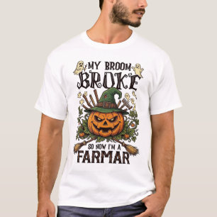 Broom Broke Farmar Halloween Pompoen Heksenhoed Ge T-shirt