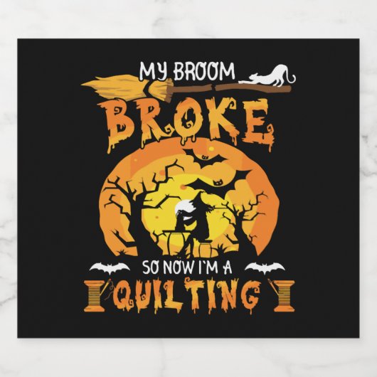 Broom gebroken dus nu quilten Halloween Sparkling Wijnetiket (Enkel label)