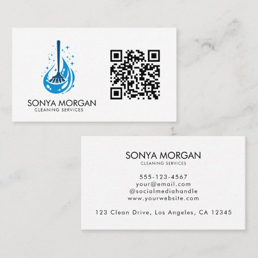 Broom Logo Moderne schoonmaakdiensten QR-code Visitekaartje (Voorkant / Achterkant)