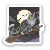 Broomstick Rider Coon - Maine Coon Halloween Sticker (Voorkant)