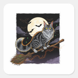 Broomstick Rider Coon - Maine Coon Halloween Vierkante Sticker