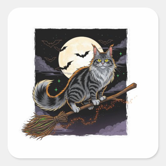 Broomstick Rider Coon - Maine Coon Halloween Vierkante Sticker (Voorkant)