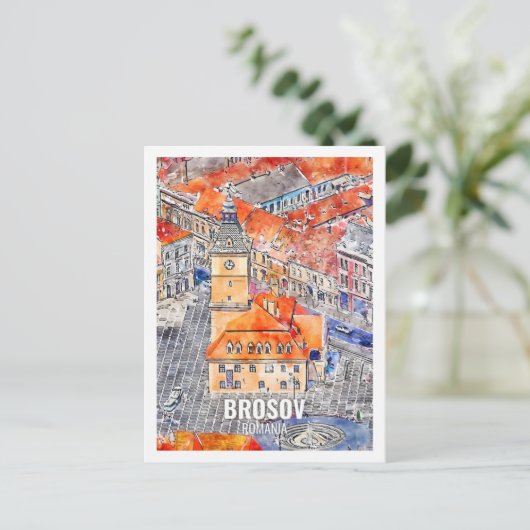 Brosov Roemenië Famous Travel Waterverf Sketch Briefkaart (Staand voorkant)