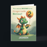 Brother 2nd Birthday Personaliseer Naam Schattige  Kaart<br><div class="desc">Voeg de naam van je broer toe aan dit verjaardagskaartje om het echt van hem te maken. Met een heldere ballon,  een glimlachende groene draak en magische accenten maakt deze gepersonaliseerde versie van zijn tweede verjaardag een aandenken vol vreugde en liefde.</div>