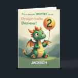 Brother 2nd Birthday Personaliseer Naam Schattige  Kaart<br><div class="desc">Voeg de naam van je broer toe aan dit verjaardagskaartje om het echt van hem te maken. Met een heldere ballon,  een glimlachende groene draak en magische accenten maakt deze gepersonaliseerde versie van zijn tweede verjaardag een aandenken vol vreugde en liefde.</div>