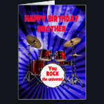 Brother Birthday You Rock Drums<br><div class="desc">Een verjaardagskaart voor een broer. Zet het volume op verjaardagswensen! Met een opvallende set drums en de uitdrukking "You rock the universe", is deze kaart een energieke manier om het leven van het feest te vieren. Of ze nu een drummer zijn of gewoon rockster-vibes hebben, deze kaart slaat alle juiste...</div>