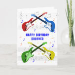 Brother Guitars Birthday Card Kaart<br><div class="desc">Een mooie verjaardagskaart voor een broer. Elektrische gitaarkleurige kunst met een muziekschaal op de achtergrond. Je kunt niet te veel gitaren hebben. Een heel coole gitaarverjaardagskaart,  viert de energie en de pure lol van dit muziekinstrument. Een perfecte verjaardagskaart voor gitaristen en muziekliefhebbers.</div>