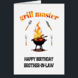 Brother In Law Grill Master Verjaardag<br><div class="desc">Een verjaardagskaart voor een zwager die van grillen houdt. Een rokerig,  adembenemend ontwerp met een barbecue grill voor en in het midden,  vlammen stijgen op de achtergrond. "Grillmeester" staat in de schijnwerpers - net als hij wanneer hij achter de grill zit!</div>