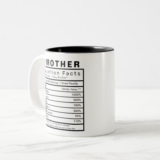 Brother Nutrition Facts Statistics Funny Tweekleurige Koffiemok (Voorkant links)