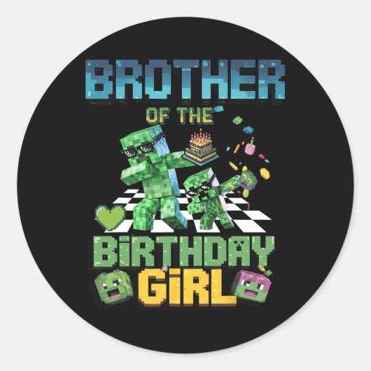 Brother Of The Birthday Girl Funny Video Game Pixe Ronde Sticker (Voorkant)