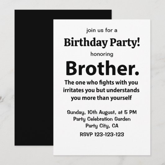 Brother Typografie Verjaardagsfeest Broer Kaart (Voorkant / Achterkant)