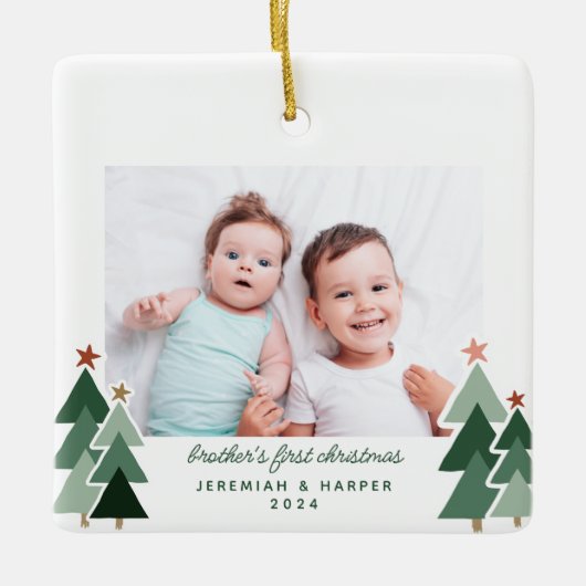 Brothers eerste kerstfeest Rustic Trees 2 Foto's Keramisch Ornament (Voorkant)