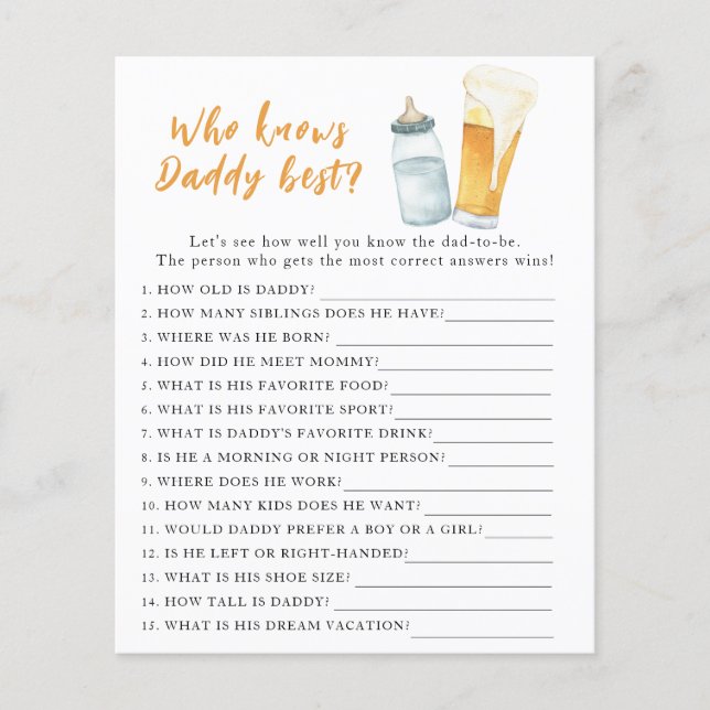 Brouwen baby shower - Game Wie kent papa het beste (Voorkant)