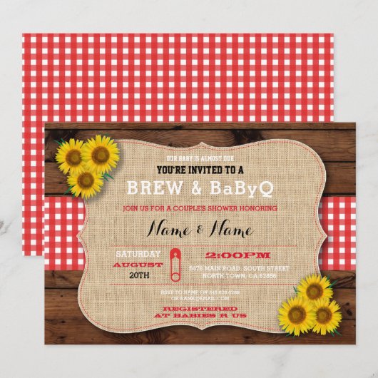 Brouwen & BABYQ Rood Baby shower Burlap Zonnebloem Kaart (Voorkant / Achterkant)