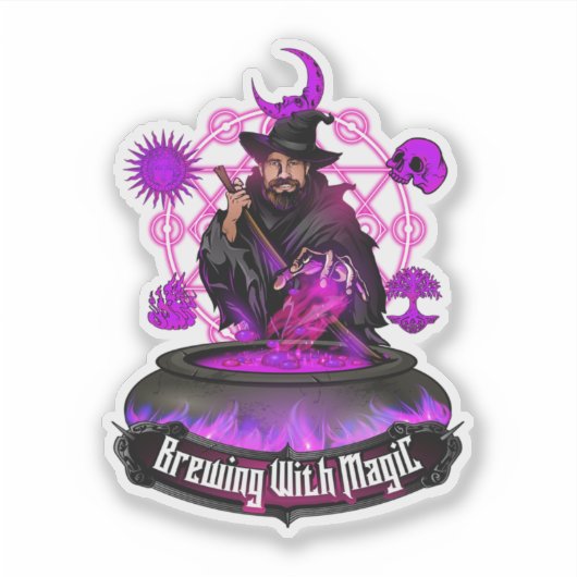 Brouwen met Magic Brew Wizard met tekst Logo Sticker (Voorkant)