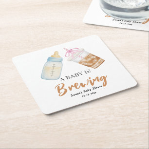 Brouwende Fles Koffie Baby shower Vierkant Papier Kartonnen Onderzetters