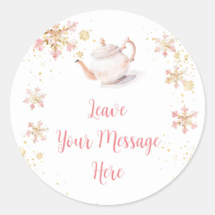 Brouwende Roze Winter Thee Party Laat Je Bericht Ronde Sticker