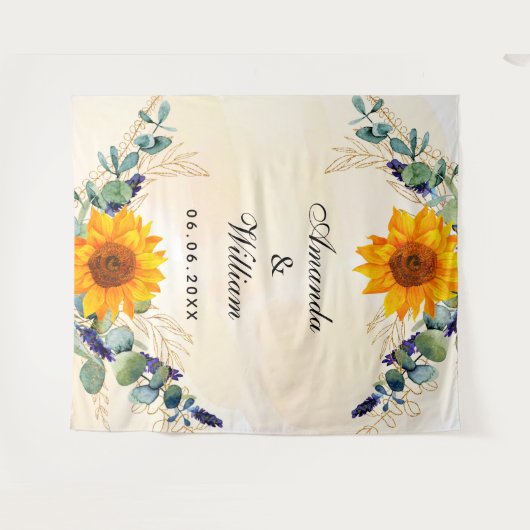 Brouwende zonnebloemen, eucalyptusgrienernamen wandkleed (Voorkant (horizontaal))