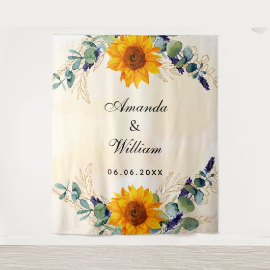 Brouwende zonnebloemen, eucalyptusgrienernamen wandkleed (Voorkant)