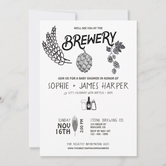 Brouwerij Baby - B&W - Uitnodiging Baby shower (Voorkant)