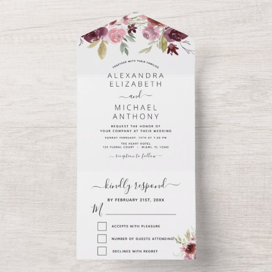 Brouwerij Burgundy Pink Floral Flowers All In One Uitnodiging (Binnen)