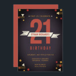 Brouwerij jongens 21st Birthday Navy Blue  Kaart<br><div class="desc">Stijlvolle marineblauw,  rood en geel 21ste verjaardagsfeest voor de Amerikaanse man! Pas elke tekstregel aan met je partijgegevens en stuur deze uitnodiging van de 21ste verjaardagspartij naar al zijn familie en vrienden. De achterkant van de uitnodiging coördineert rood.</div>