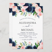 Brouwerij Navy Blue Blush Pink Elegant Floral Kaart (Voorkant / Achterkant)